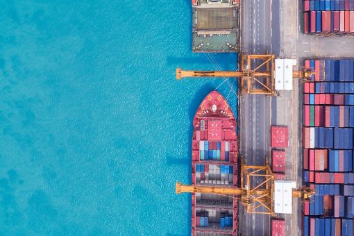 Aerial view of container ship in sea port