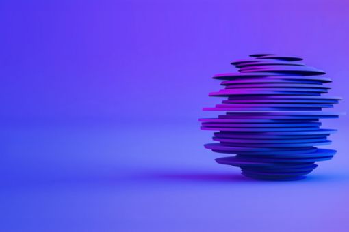 Layered geometric shape sphere with blue and purple light