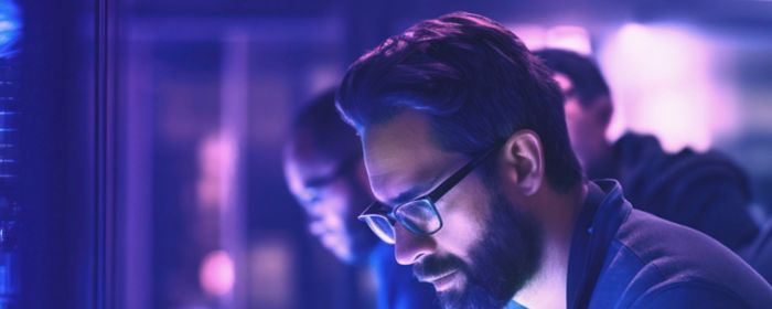 Man with glasses using tablet