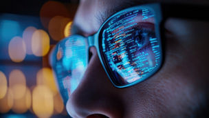 Software developer working late reflecting code in glasses in dark office